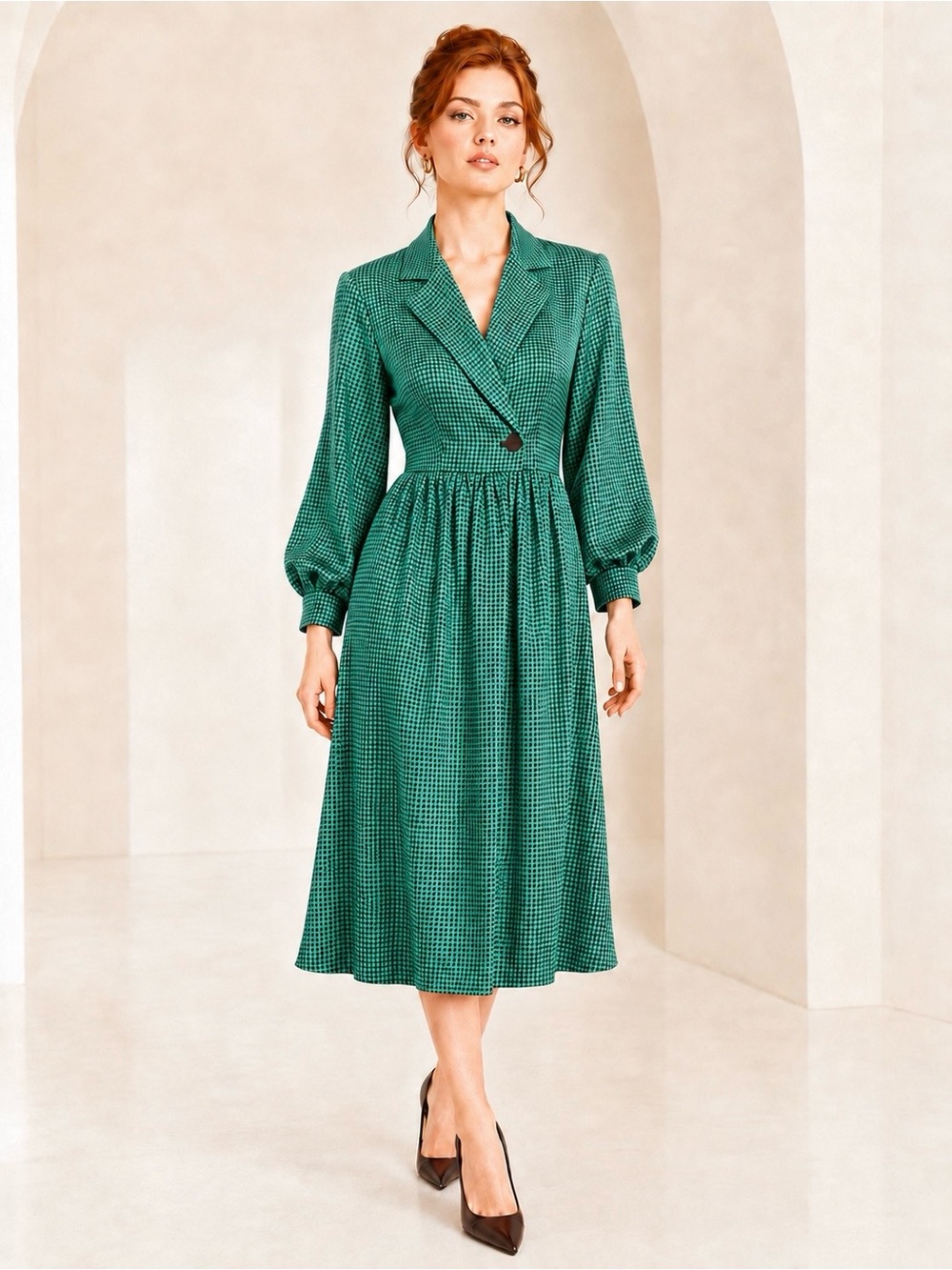 Vintage 80s Secretary Blazer Dress Houndstooth Kelly Green Size 4 Rowie